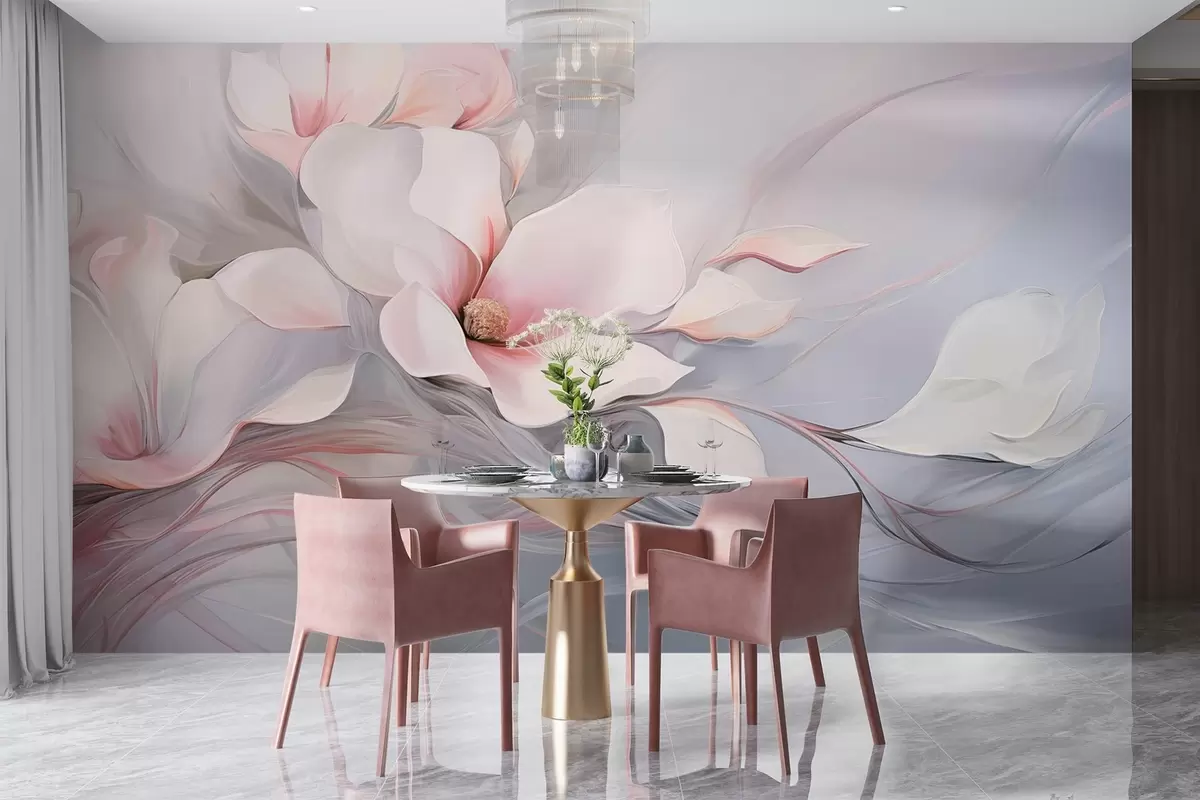 Fotobehang Delicate magnolia bloemen met roze bloemblaadjes en witte bladeren, een gladde textuur, vloeiende lijnen w09165