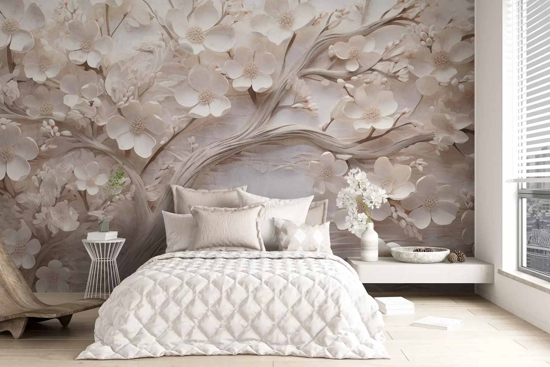 Fotobehang Boom met witte bloemen en een bruine stam, de achtergrond is wit met horizontale lijnen zachte verlichting w09166