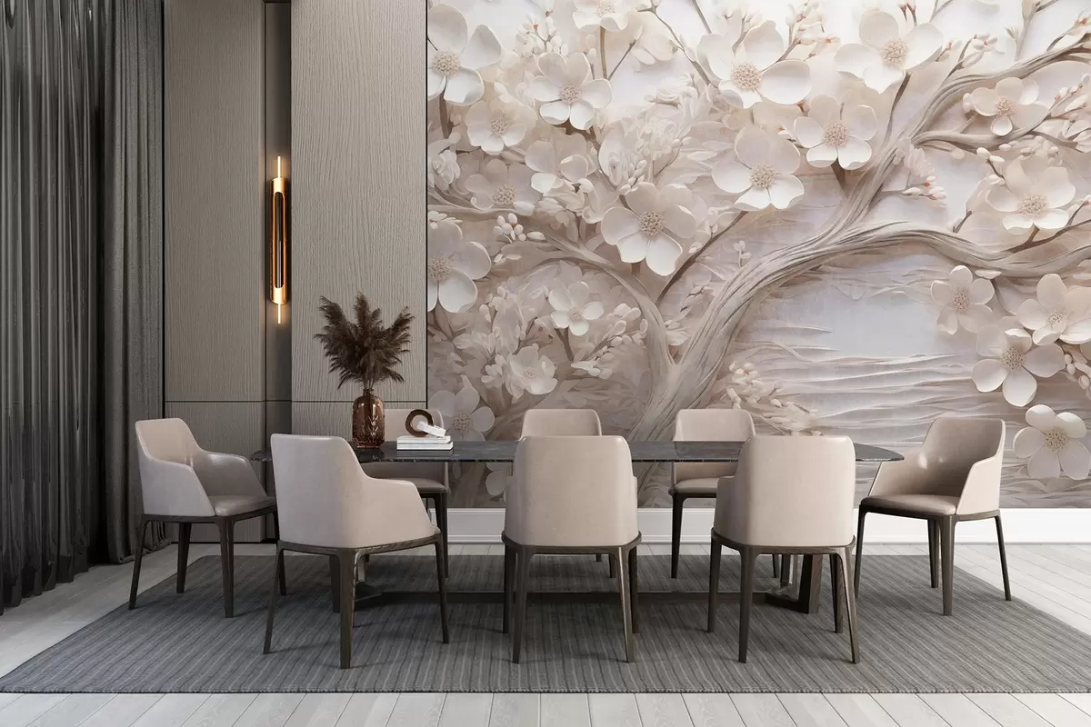 Fotobehang Boom met witte bloemen en een bruine stam, de achtergrond is wit met horizontale lijnen zachte verlichting w09166
