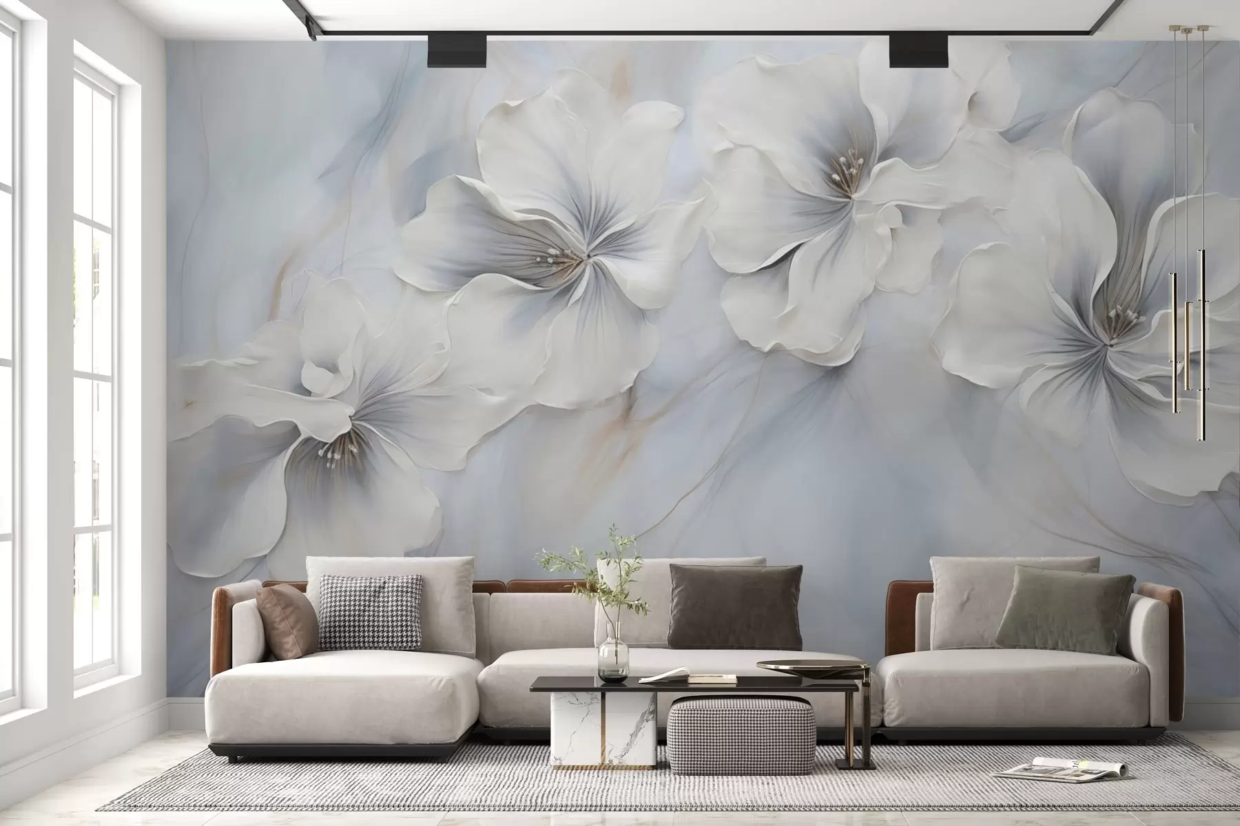 Fotobehang Olieverfschilderij bloemen op blauwe achtergrond w04047