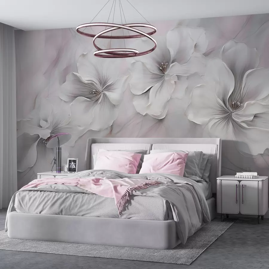 Fotobehang Olieverfschilderij bloemen op roze achtergrond w04047v1