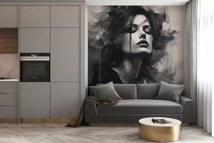 Fotobehang Portret van een vrouw in grijze en zwarte kleding w04049