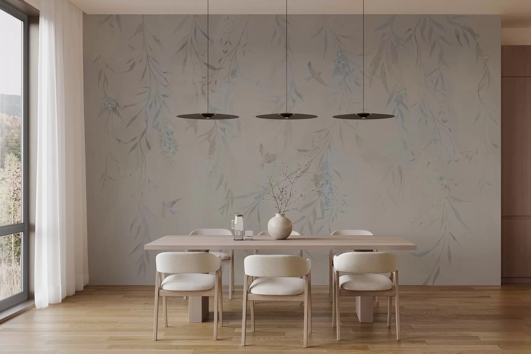 Fotobehang Takken met hangende bladeren en vogels w04053
