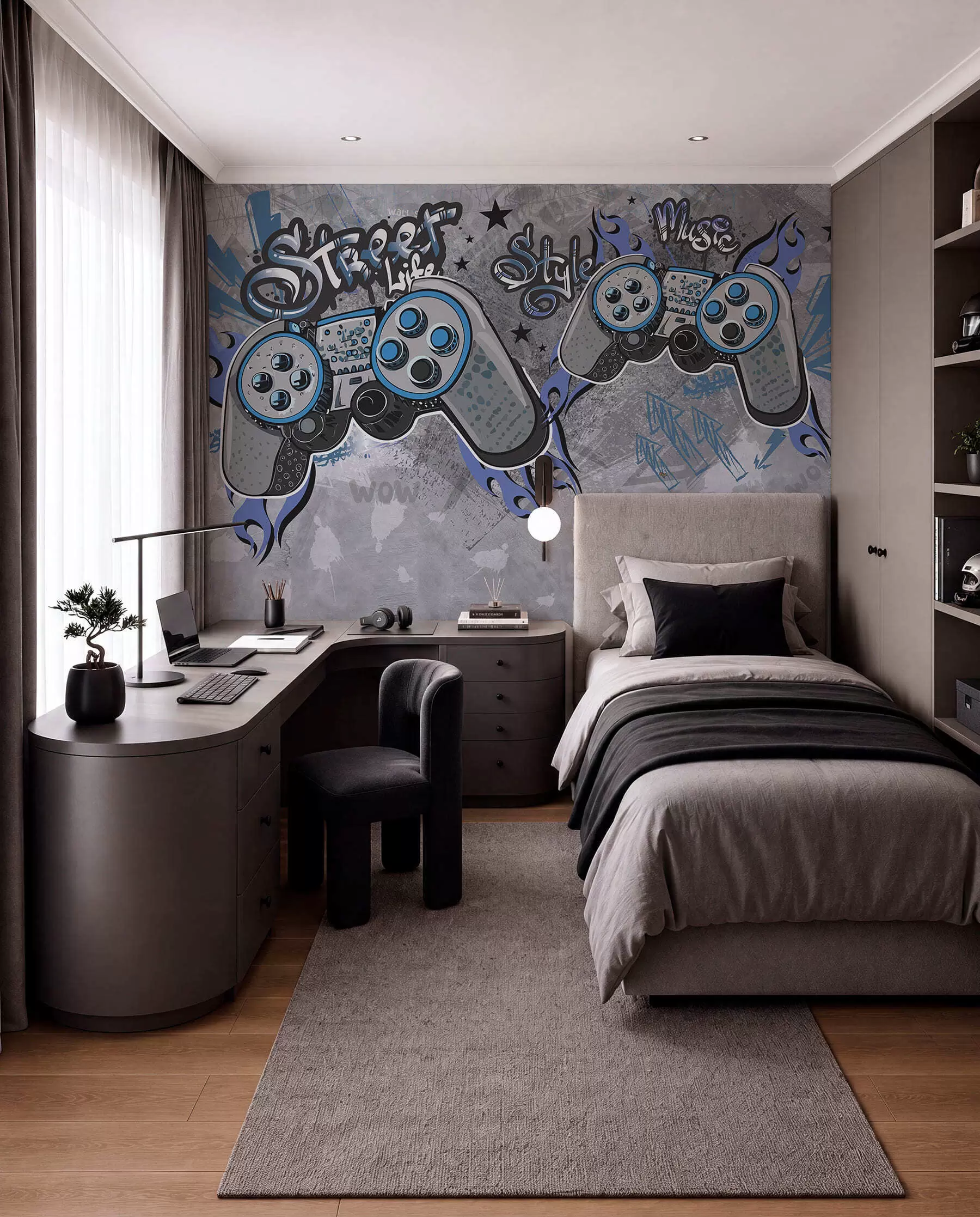Fotobehang Consoles in street art-stijl op de grungemuur w04054