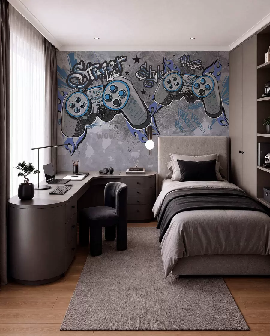 Fotobehang Consoles in street art-stijl op de grungemuur w04054