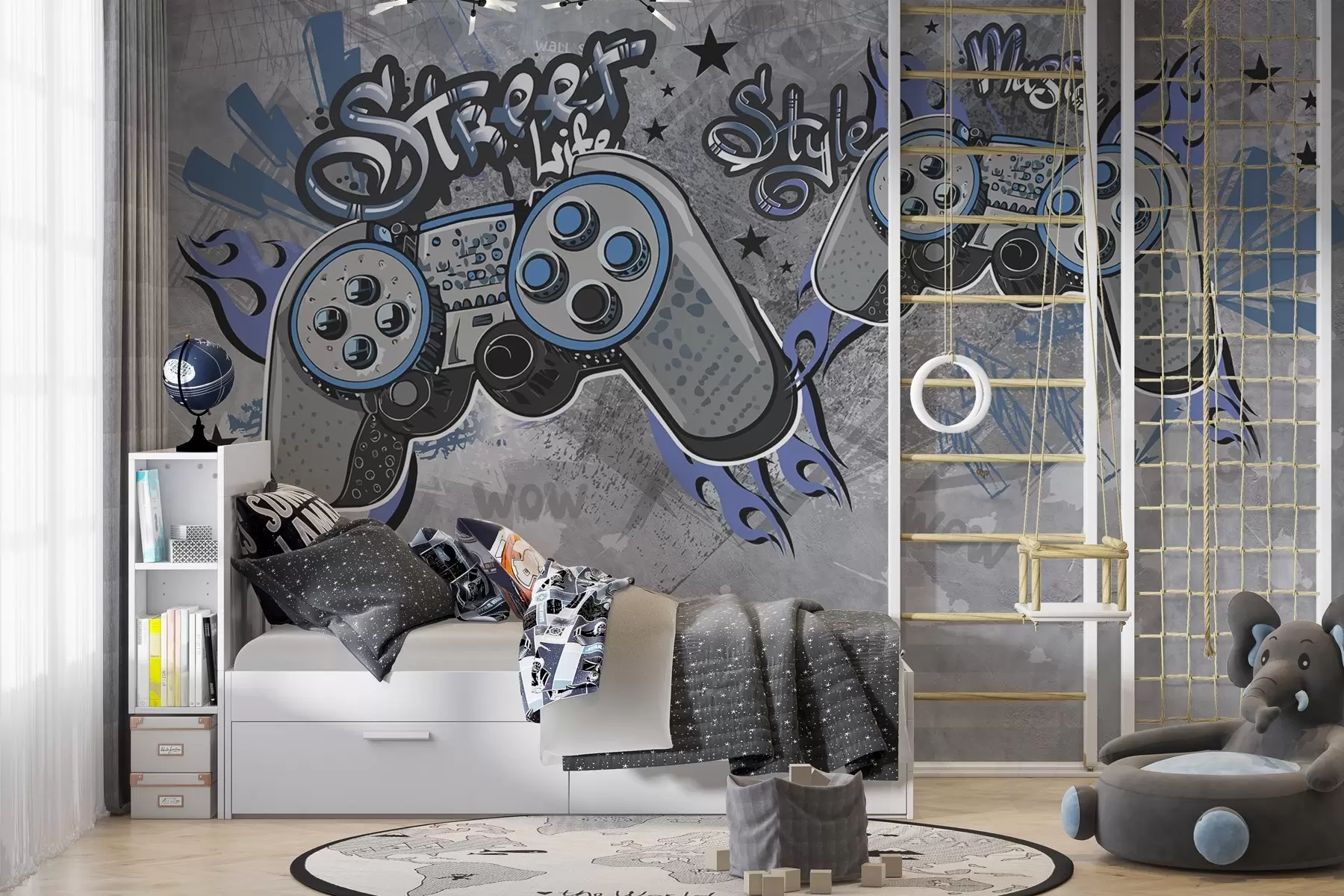 Fotobehang Consoles in street art-stijl op de grungemuur w04054