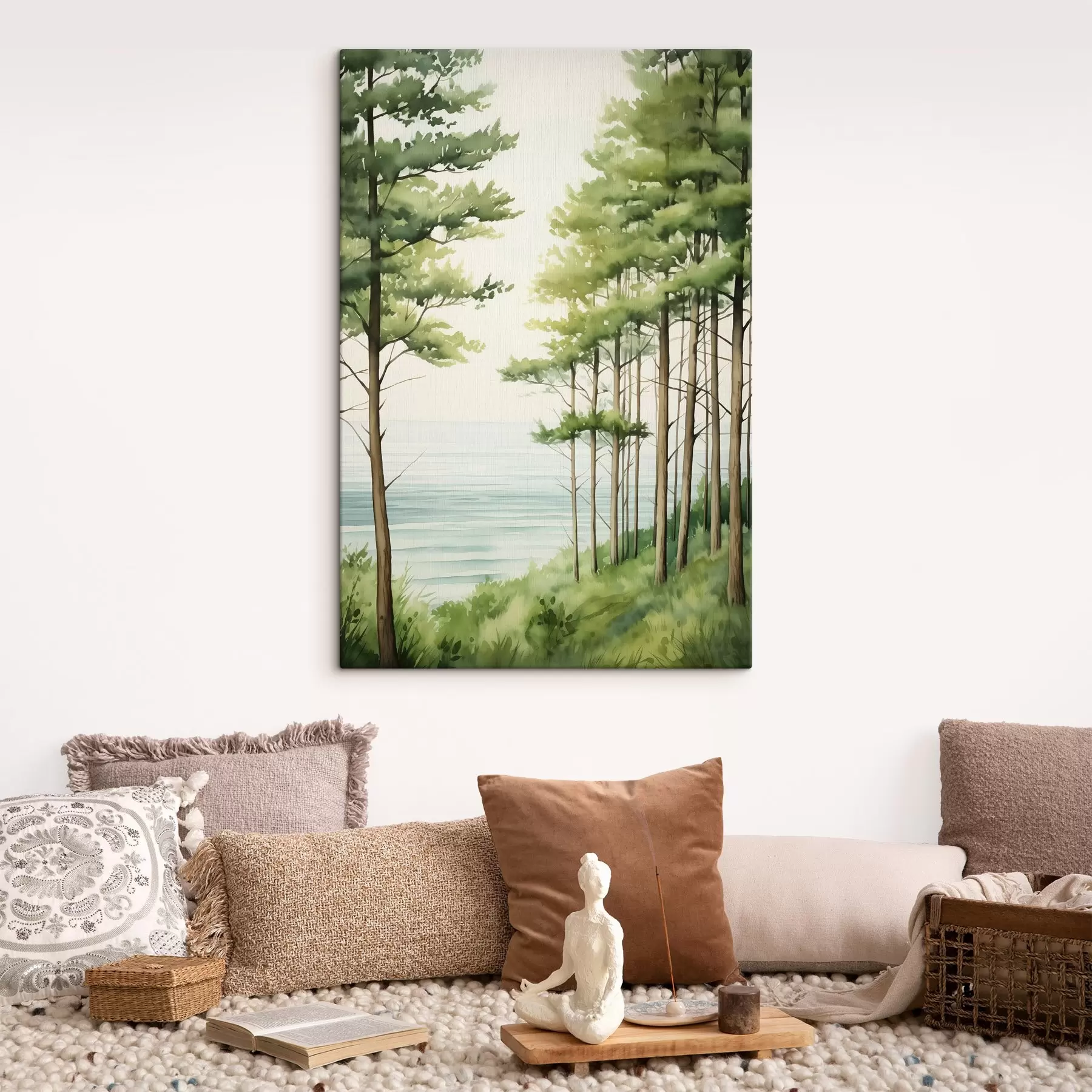  Schilderijen Groen dennenbos bij de zee, aquarelstijl s44603