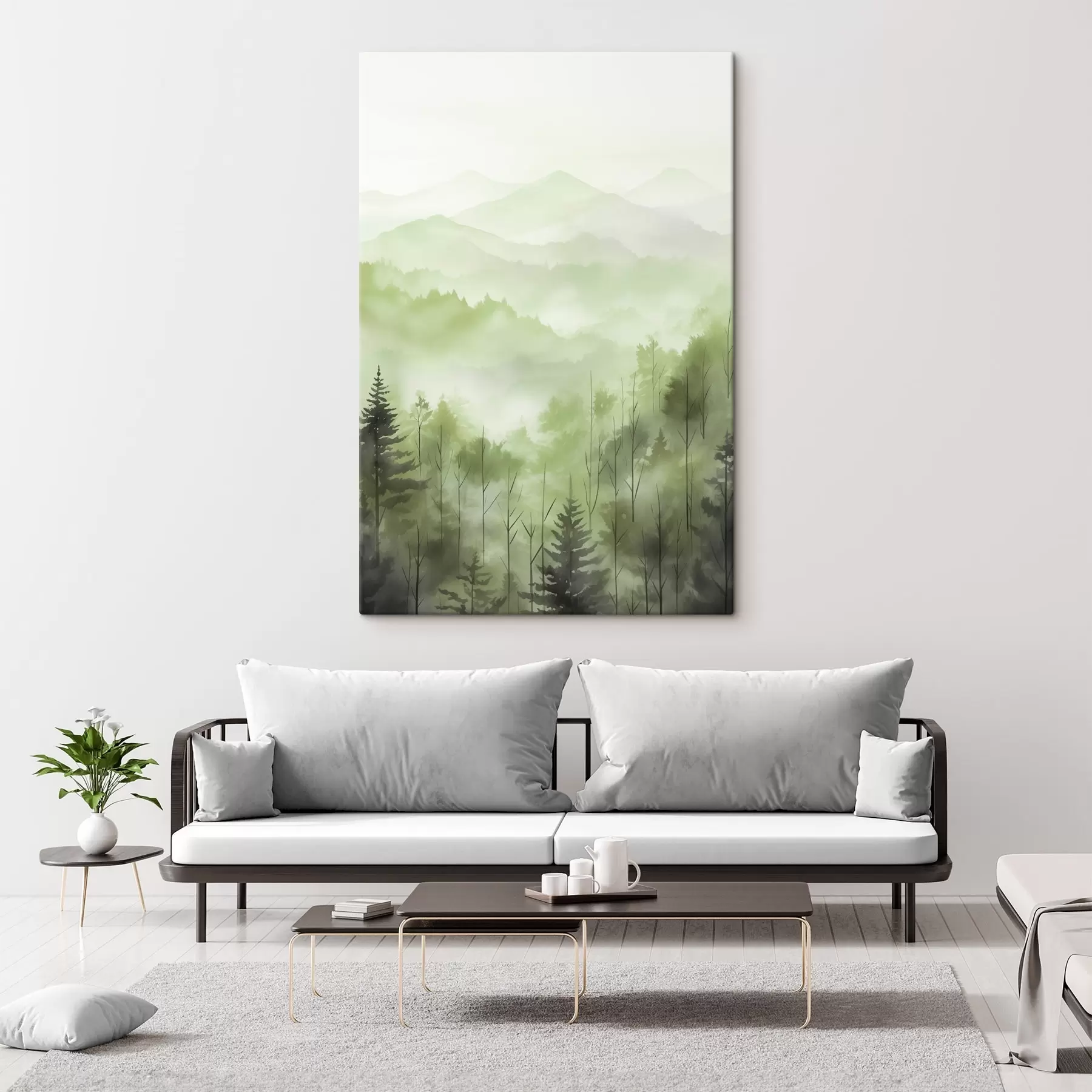 Fotobehang Bergen met boslandschap, groene kleuren, aquarel stijl s44606