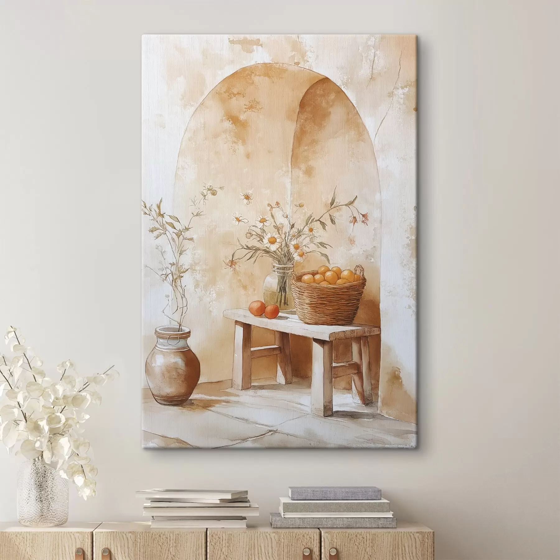  Schilderijen Boogmuur met antieke kruik, kamillebloemen en mand met sinaasappels  s44613