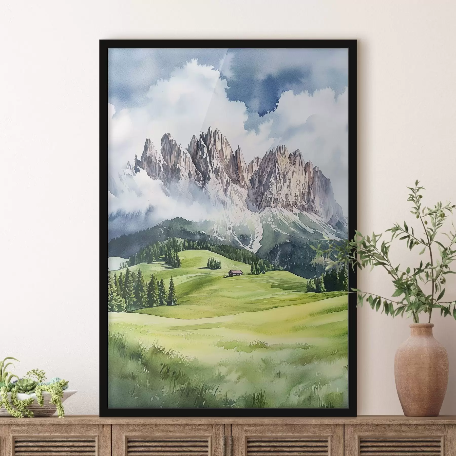 Fotobehang Dolomieten, Alpen, Italië, landschap, aquarel stijl f44601