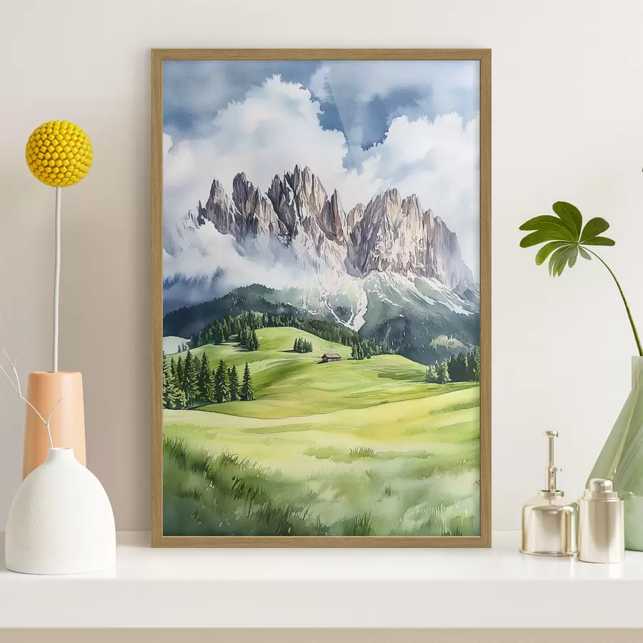 Fotobehang Dolomieten, Alpen, Italië, landschap, aquarel stijl f44601