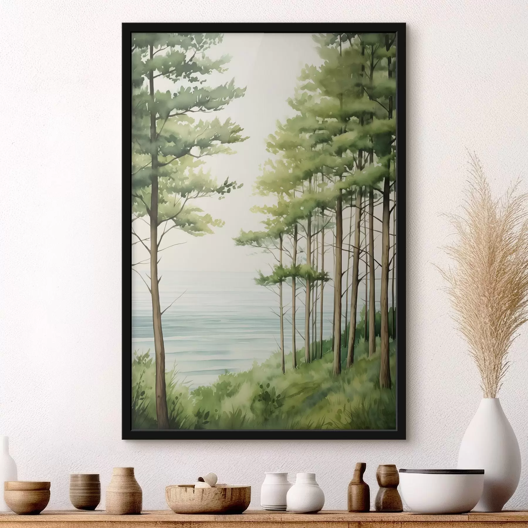 Fotobehang Groen dennenbos bij de zee, aquarelstijl f44603