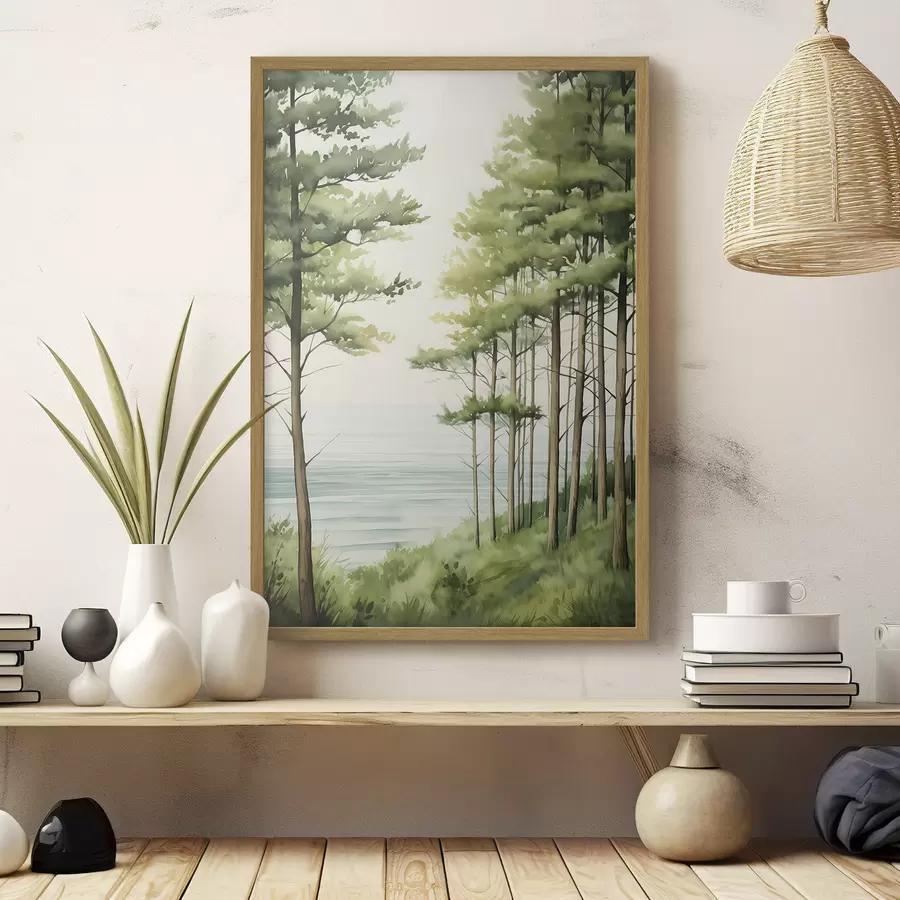 Fotobehang Groen dennenbos bij de zee, aquarelstijl f44603
