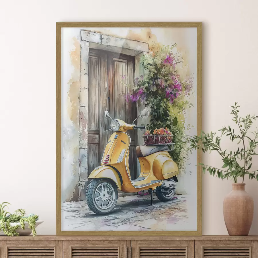 Fotobehang Gele Vespa scooter bij houten deur met bloemen f44607