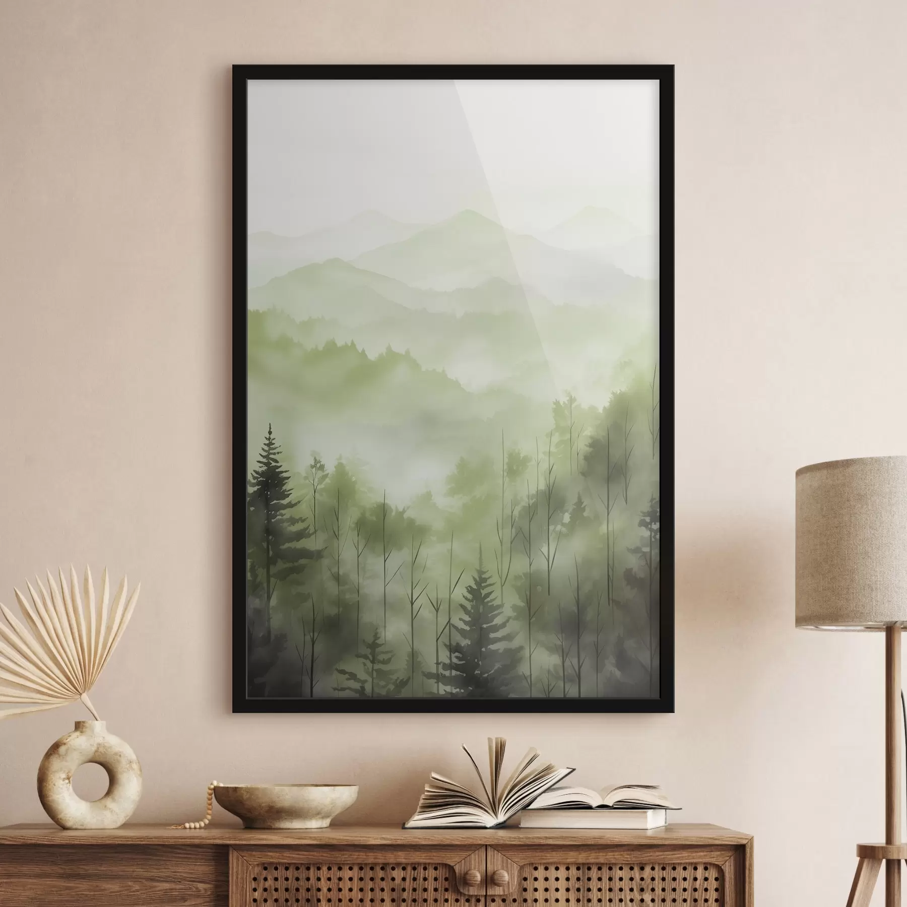 Fotobehang Bergen met boslandschap, groene kleuren, aquarel stijl f44606