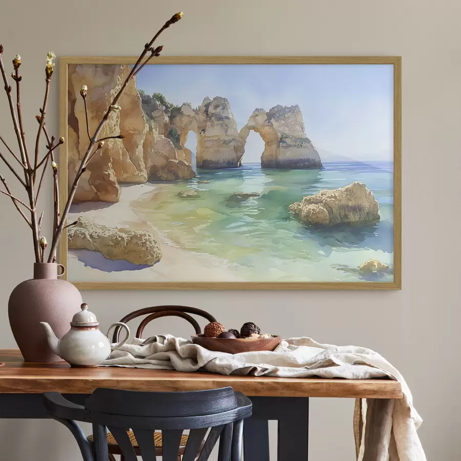 Fotobehang Oceaanstrand met rotskliffen, Portugal, zomer, aquamarijn f44608
