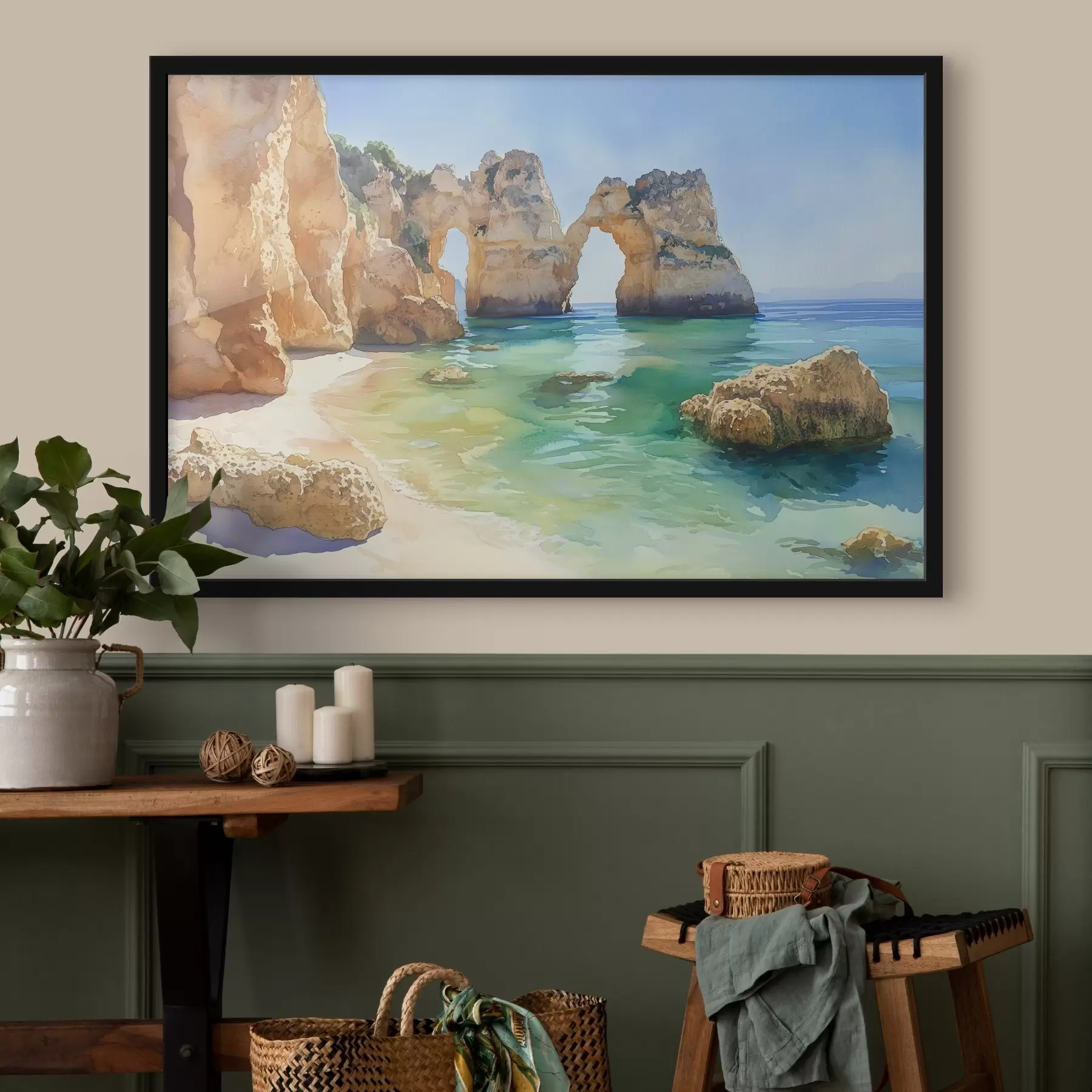 Fotobehang Oceaanstrand met rotskliffen, Portugal, zomer, aquamarijn f44608