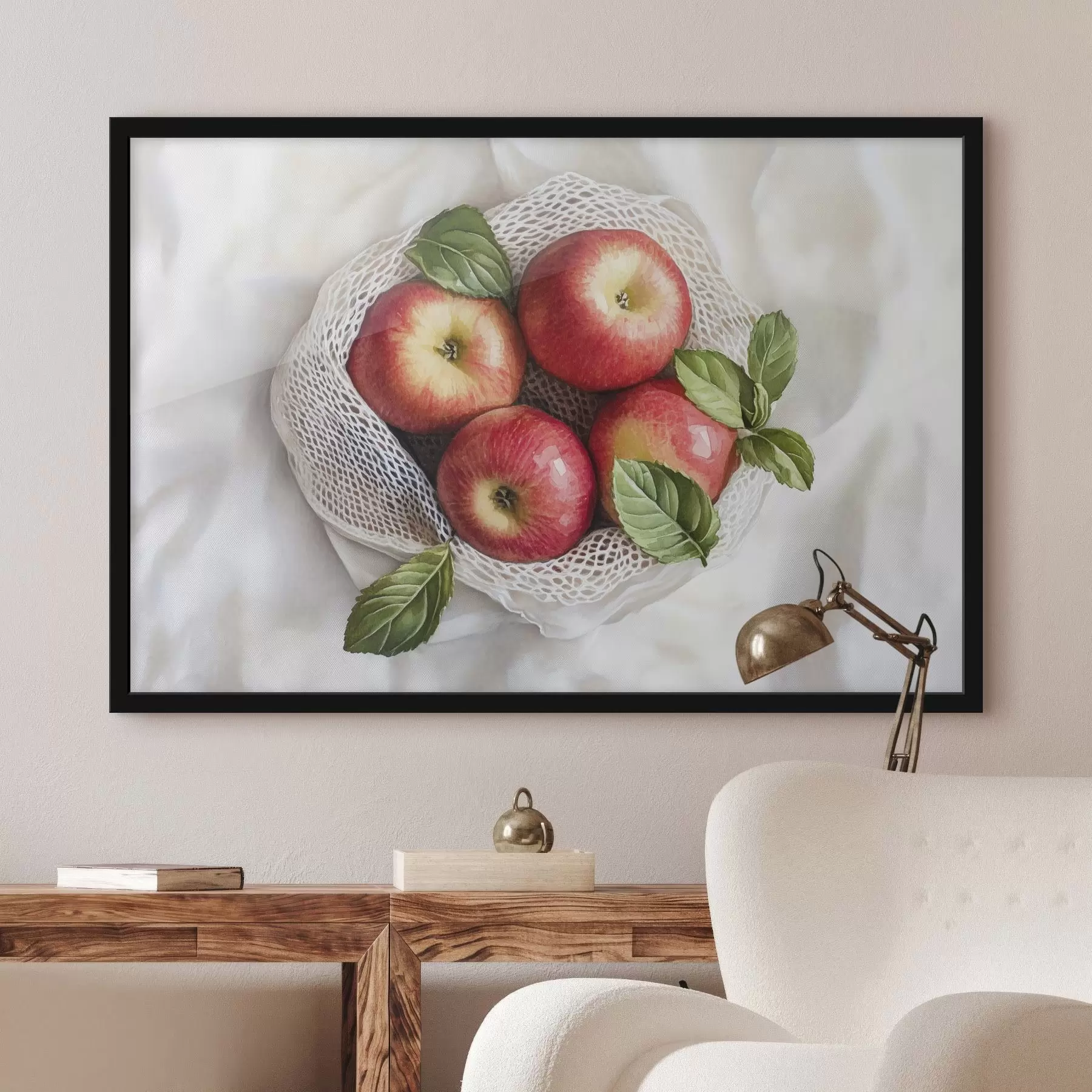 Fotobehang Rode appels in de linnen zak met muntblaadjes, rustieke stijl, fruit f44609