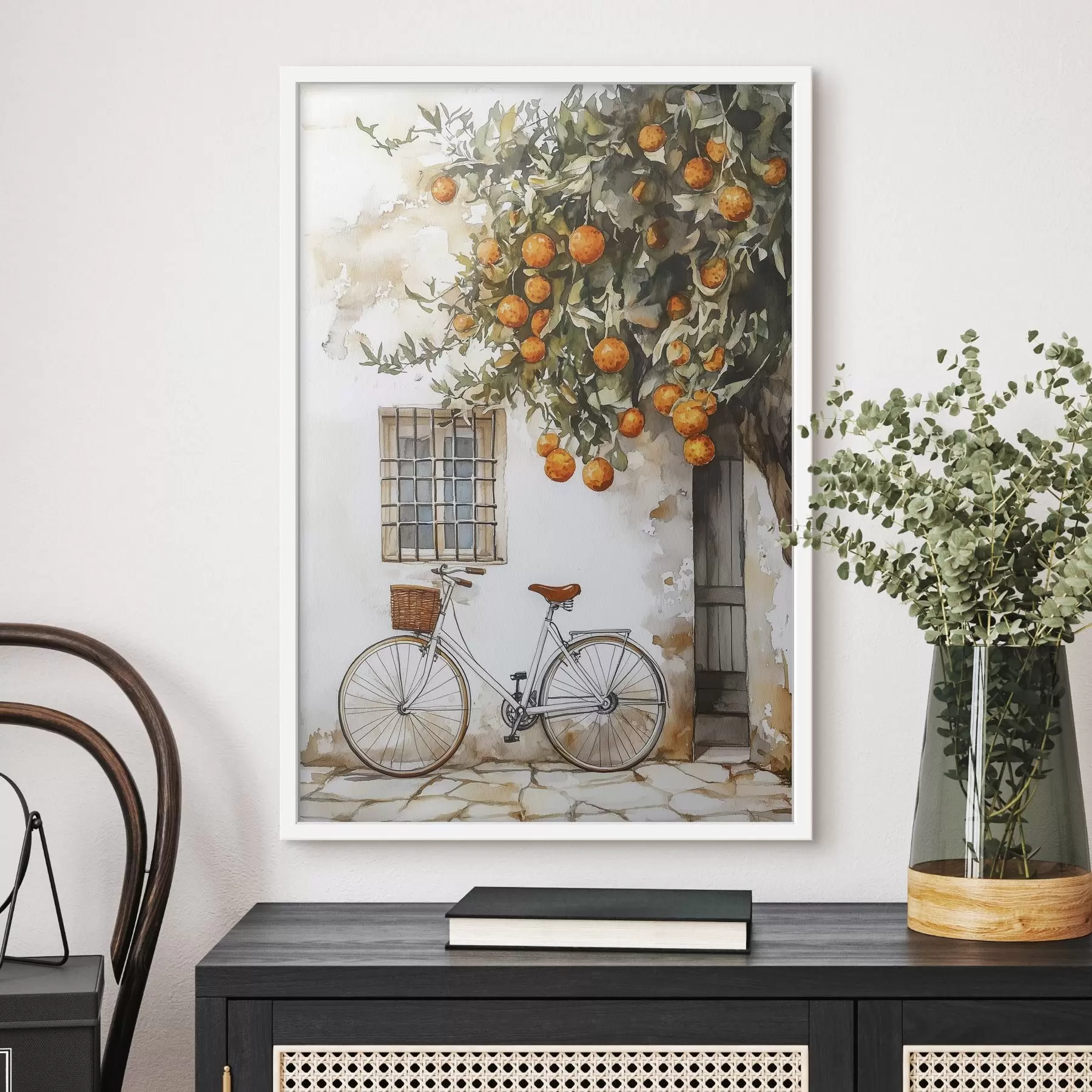  Schilderijen Mediterraan wit huis met sinaasappelboom en fiets f44610