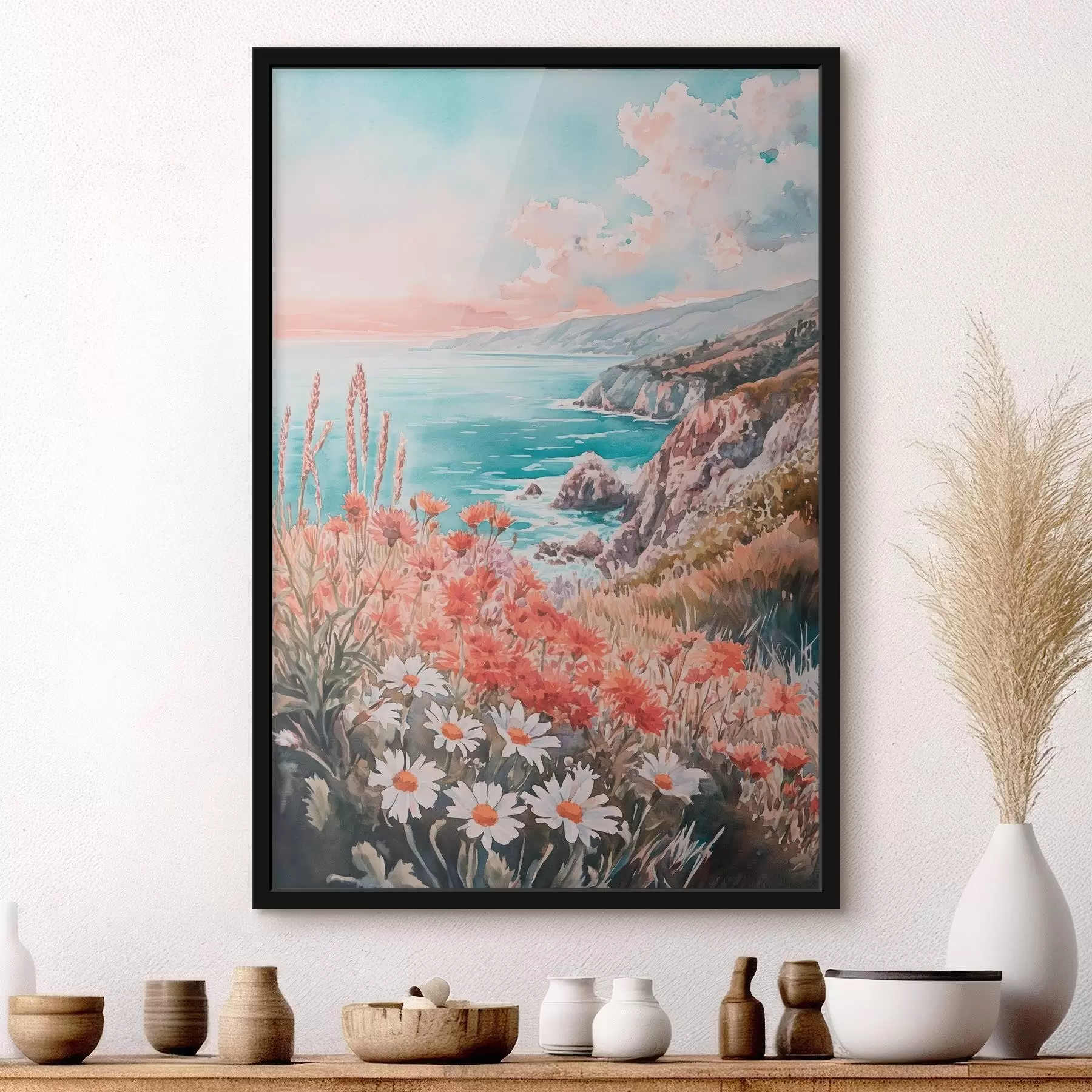 Fotobehang Portugal oceaan kust op de zonsondergang, weide bloemen f44612