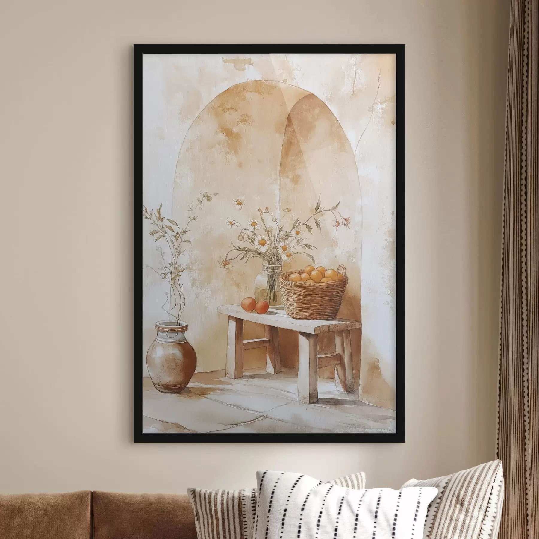 Fotobehang Boogmuur met antieke kruik, kamillebloemen en mand met sinaasappels f44613