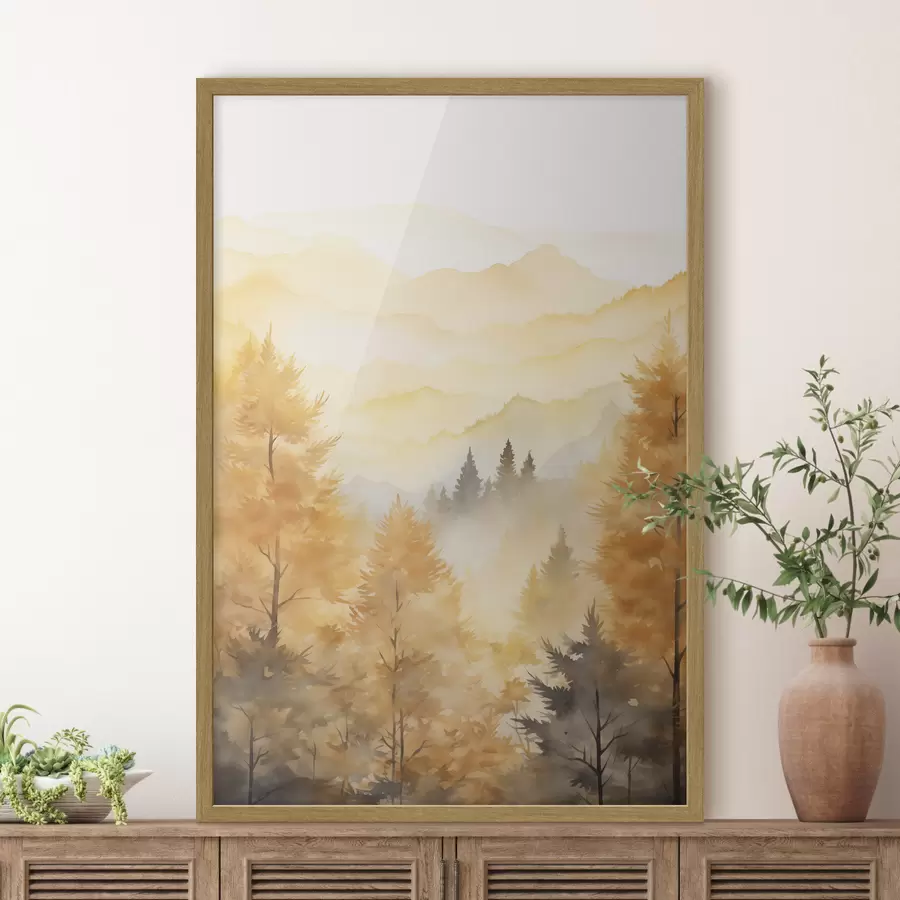 Fotobehang Prachtig herfstbos met bergen op de achtergrond f44614