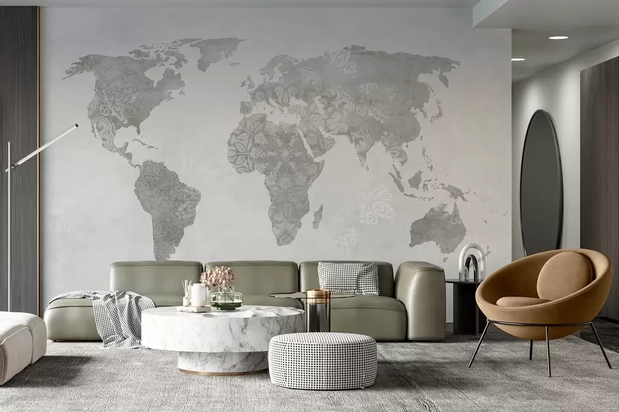 Fotobehang Wereldkaart met patroon, monochrome tinten w03954v1
