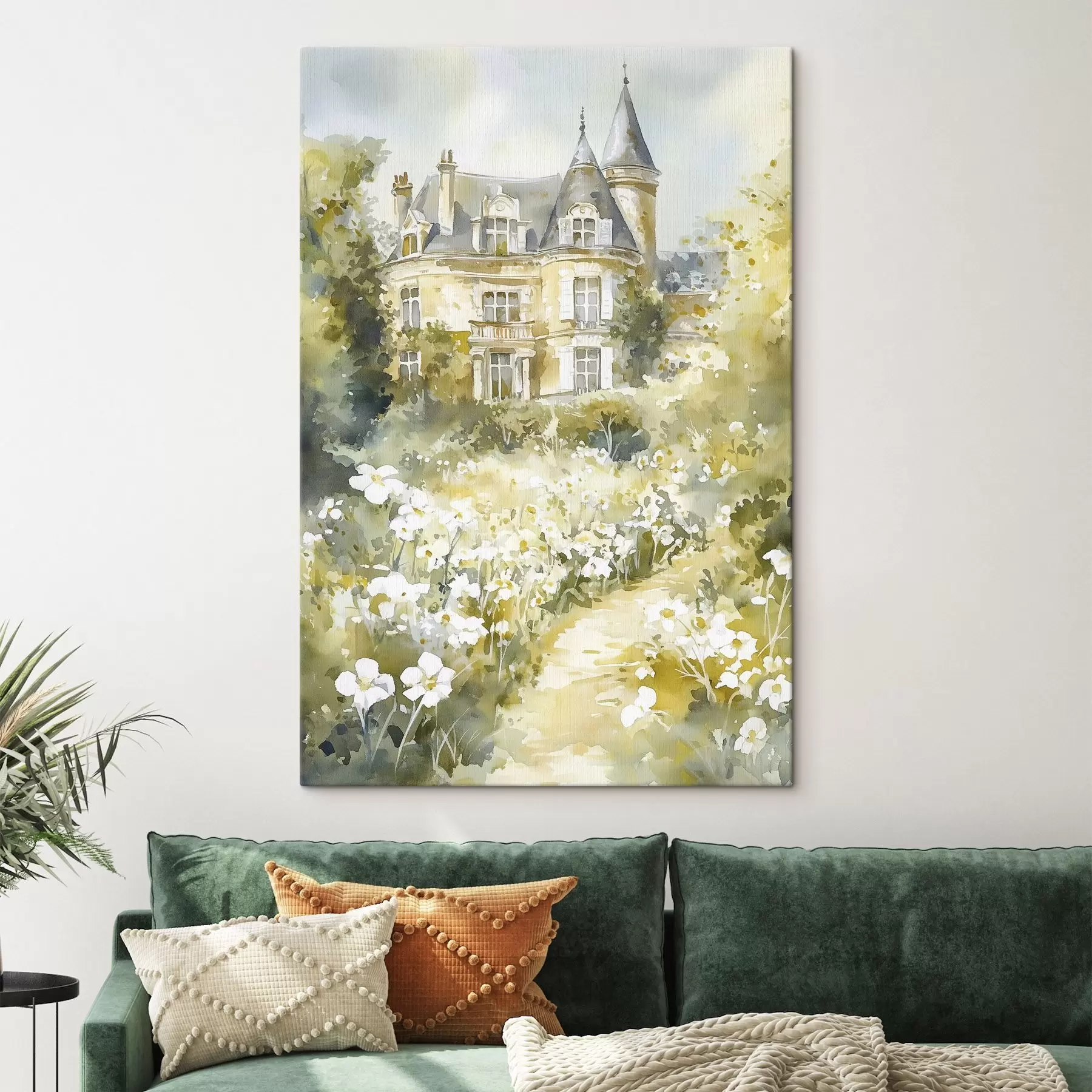 Fotobehang Prachtig kasteel met groen en witte bloemen, aquarelstijl s44506