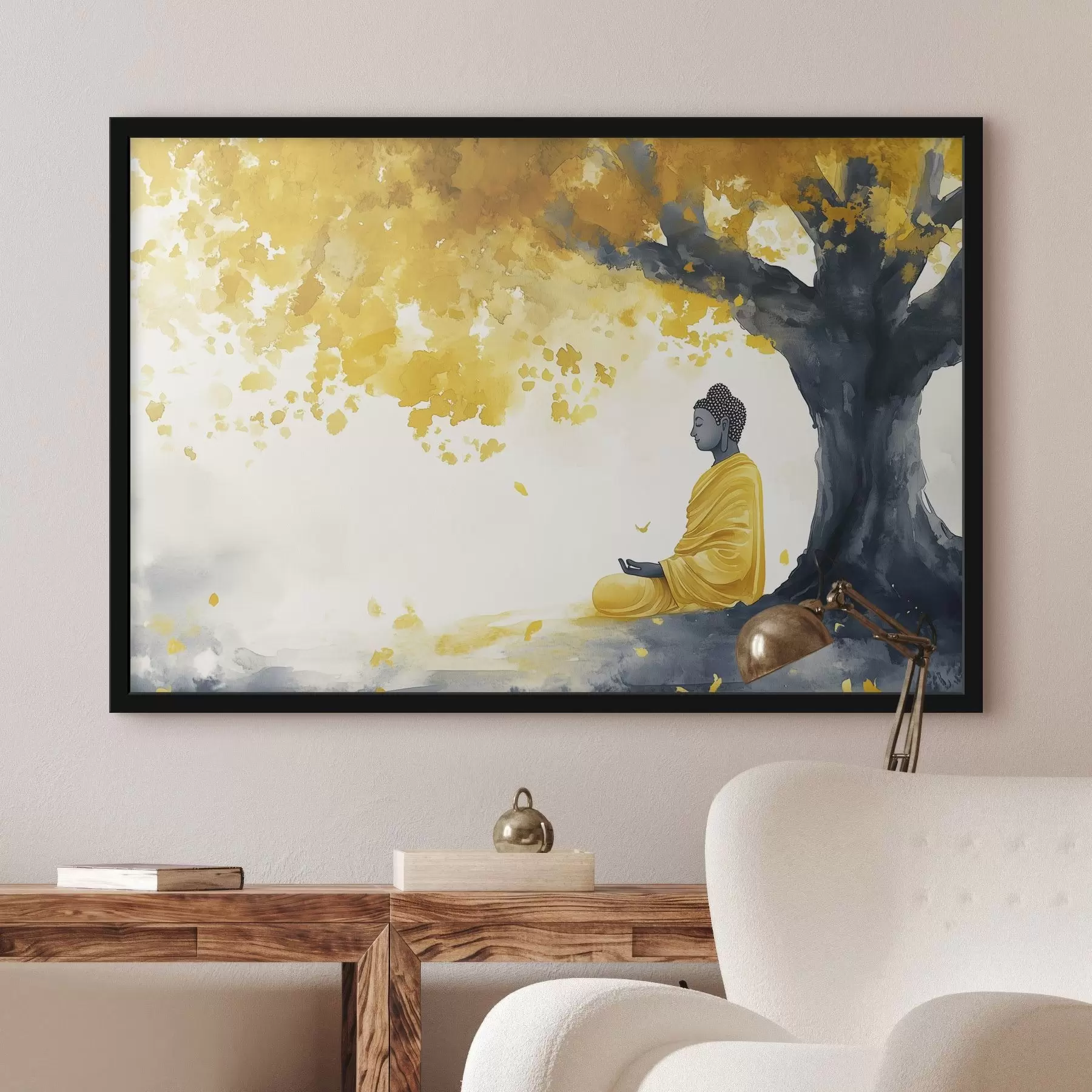 Fotobehang Mediterende Boeddha onder de boom, gele en grijze kleuren f44509