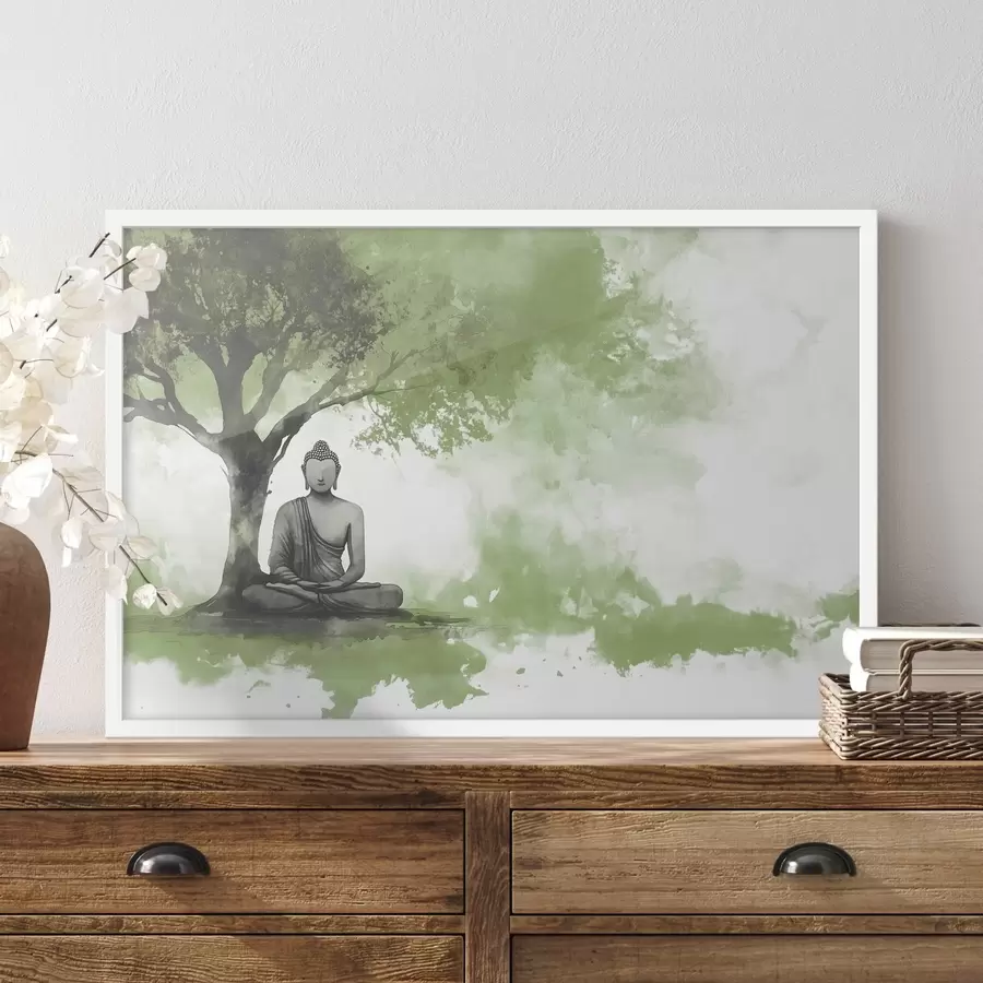 Fotobehang Boeddha zittend onder de boom, meditatie, spiritueel, groene kleuren f44512v1