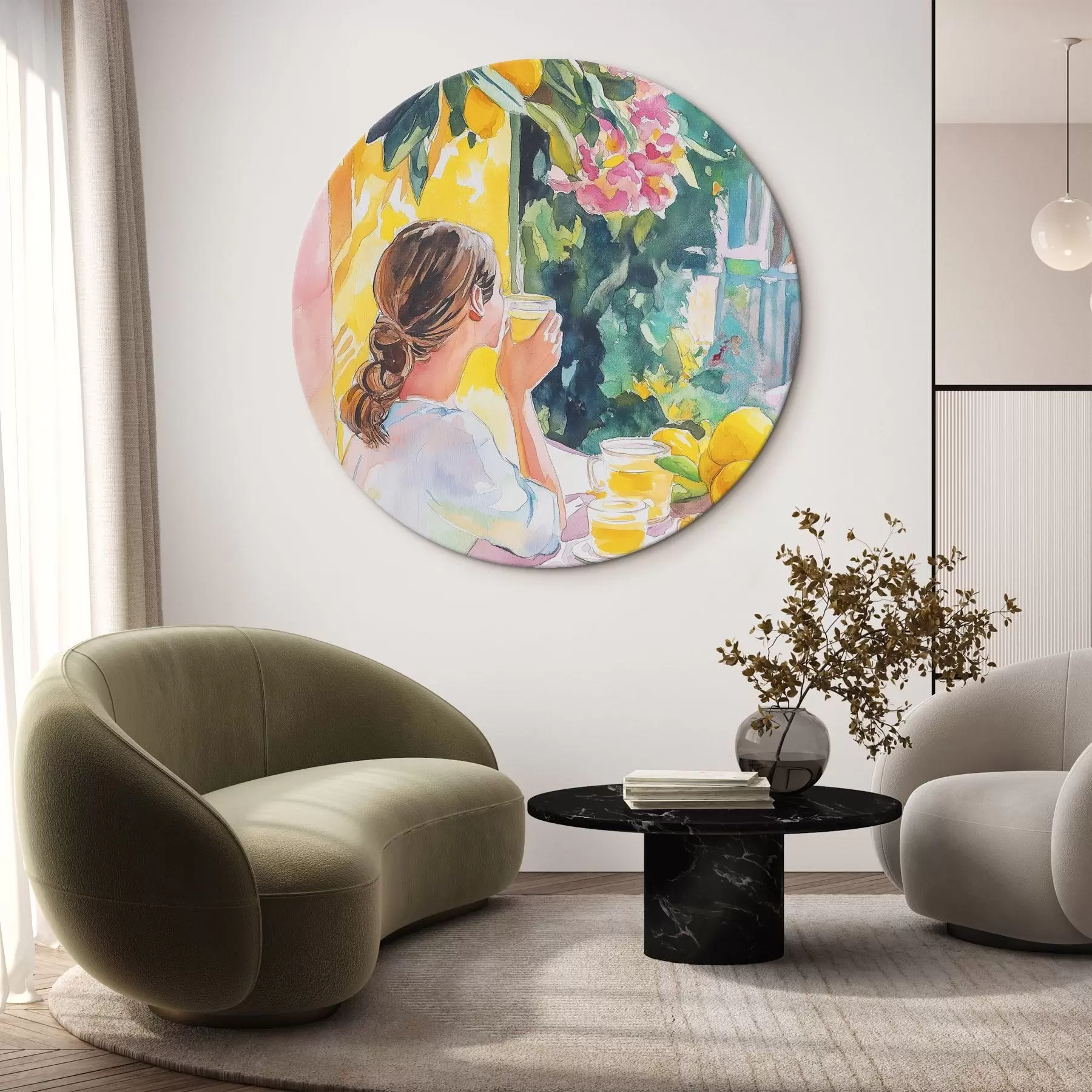  Schilderijen Zomervibes, meisje in het café, limoncello, Italië, aquarelstijl r44505