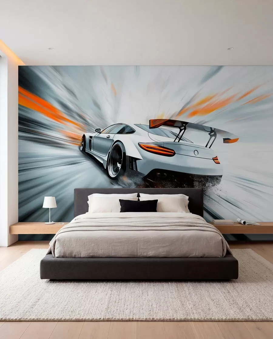 Fotobehang een dynamische sportwagen die door de ruimte raast w04074