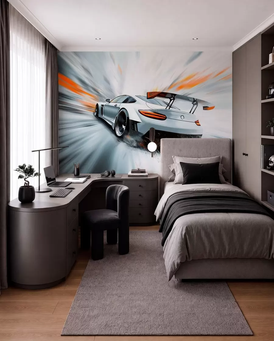 Fotobehang een dynamische sportwagen die door de ruimte raast w04074