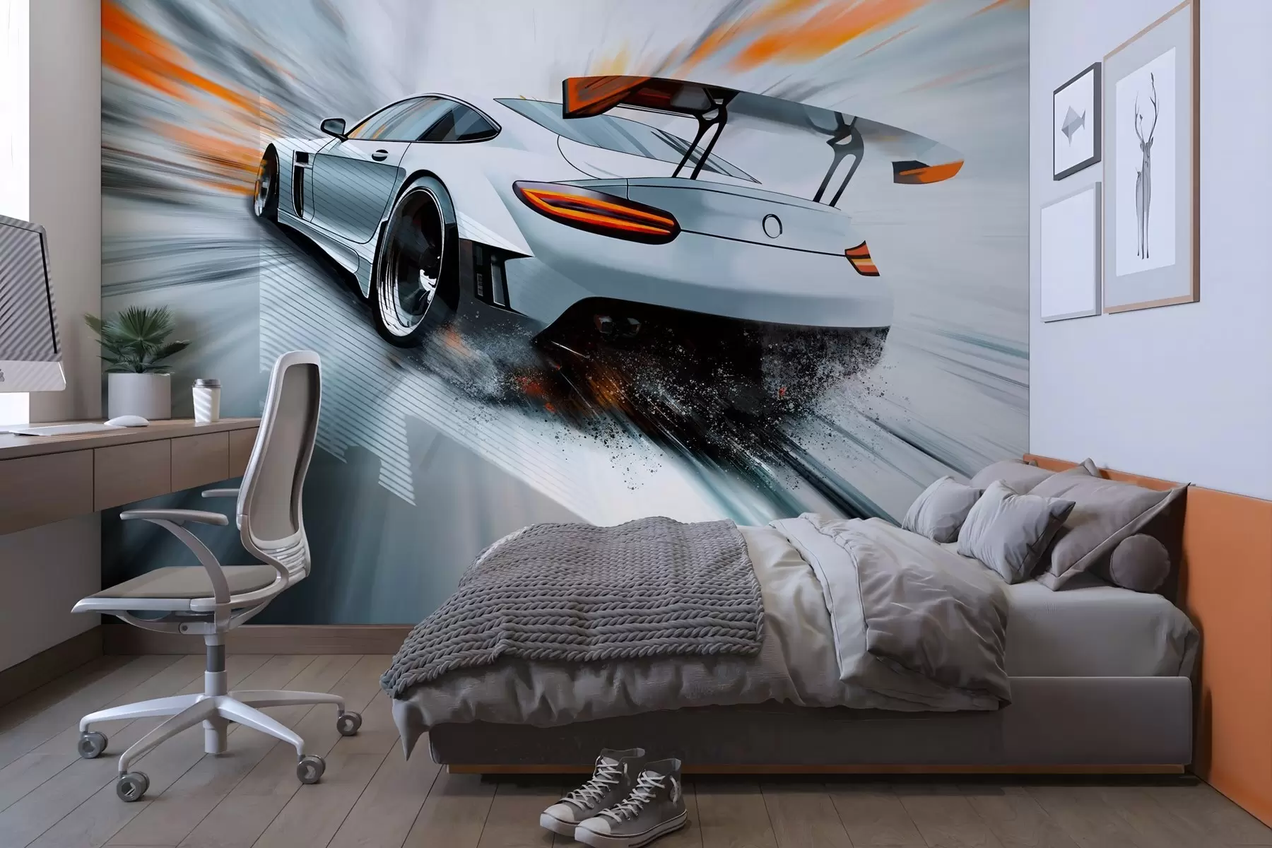 Fotobehang een dynamische sportwagen die door de ruimte raast w04074