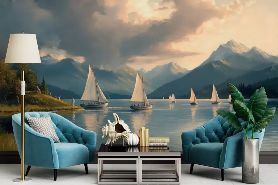 Fotobehang regatta op een meer met een bewolkte lucht in de stijl van een 19e eeuws olieverfschilderij w04076