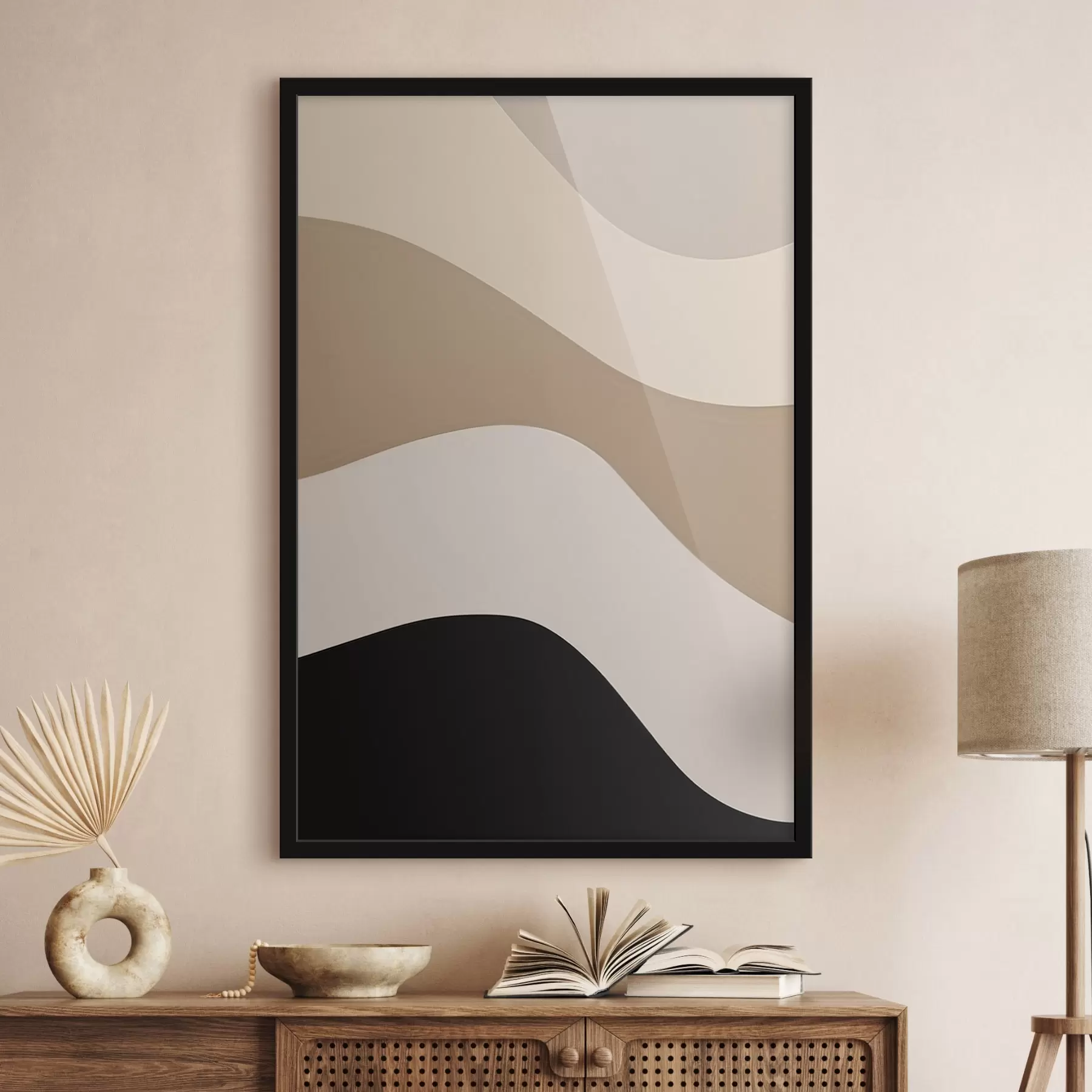  Schilderijen Abstracte golven in beige en zwart f44687