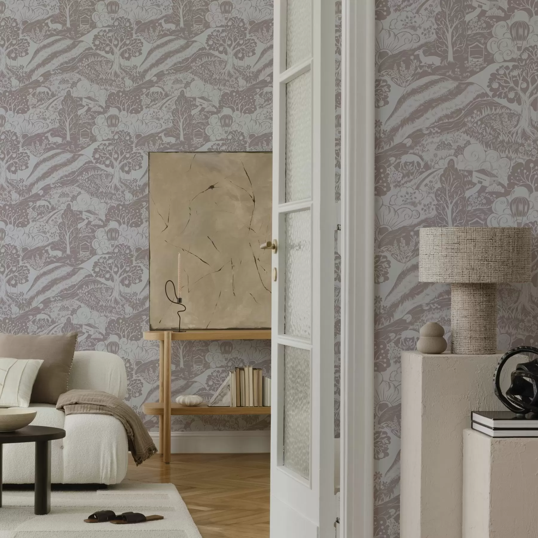 Fotobehang Pastel sprookjesillustratie met dieren en bomen a00172v1