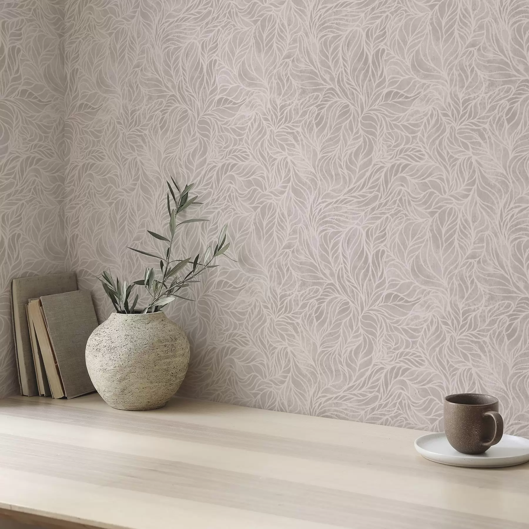 Fotobehang Beige abstracte textuur met vloeiende lijnen van bladeren a00179