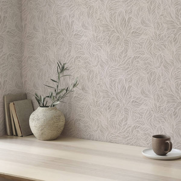 Behang Beige abstracte textuur met vloeiende lijnen van bladeren, Behang bloemen, a00179 : Uwalls.nl