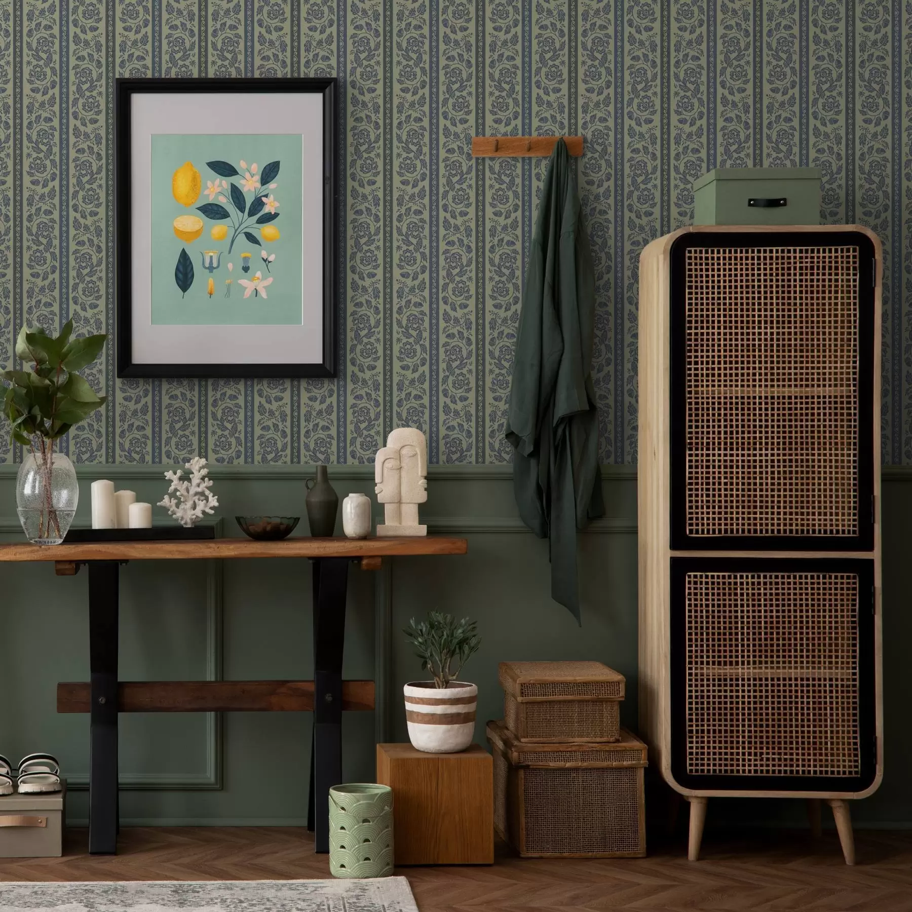 Fotobehang Vintage blauw ornament met bloemen en eikels a00181v1