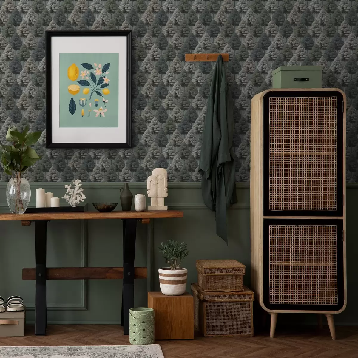 Behang Geometrisch bospatroon met bomen in groene kleuren a00209