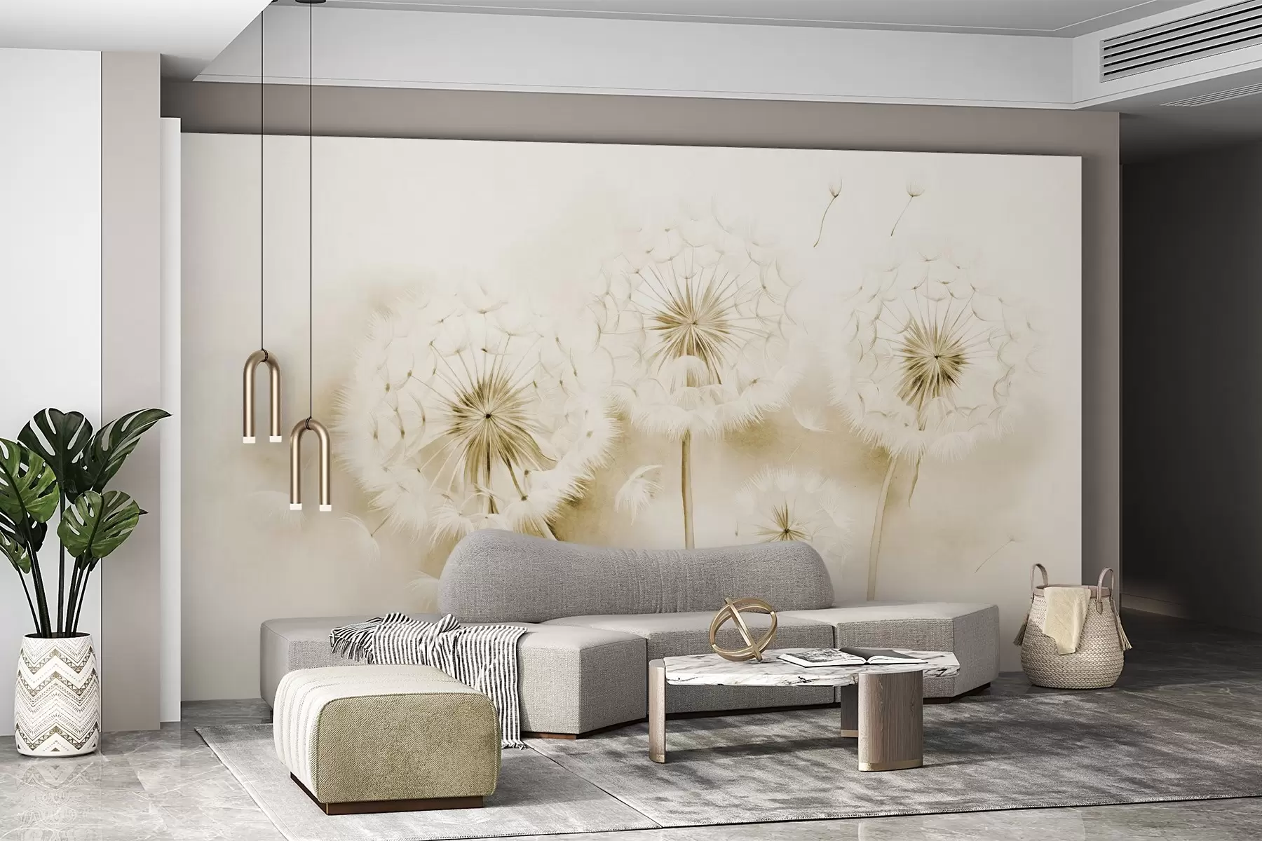Fotobehang Gestructureerde paardenbloemen met zaden die in de lucht zweven, gedempte gele en witte achtergrond, zachte delicate tekenstijl w09190v1