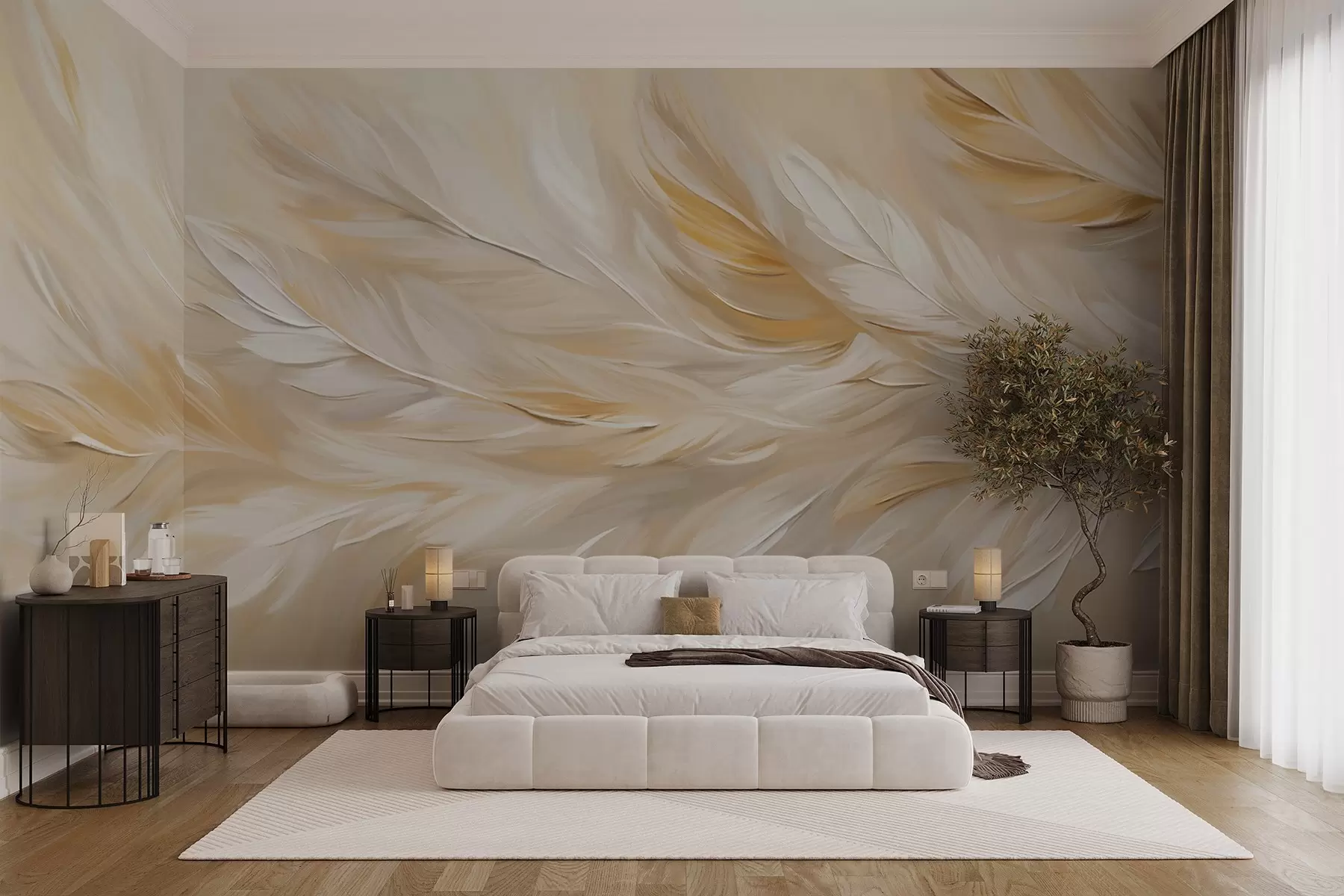 Fotobehang Witte en beige veren in een vloeiende print, zachte textuur, warm kleurenpalet, abstracte achtergrond w09191