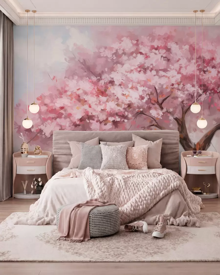 Fotobehang Abstracte roze bloesemboom in volle bloei, naast een rivier, zachte penseelstreken en pastelkleuren w09193