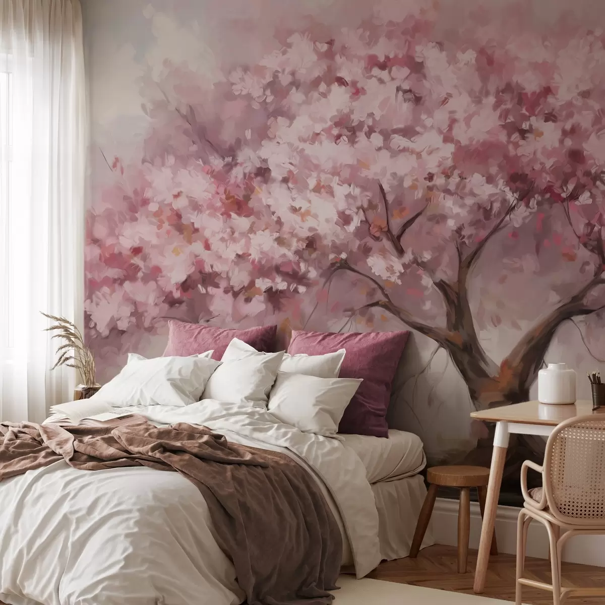 Fotobehang Abstracte roze bloesemboom in volle bloei, naast een rivier, zachte penseelstreken en pastelkleuren w09193