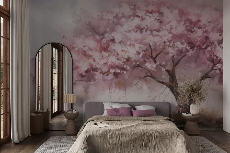Fotobehang Abstracte roze bloesemboom in volle bloei, naast een rivier, zachte penseelstreken en pastelkleuren w09193