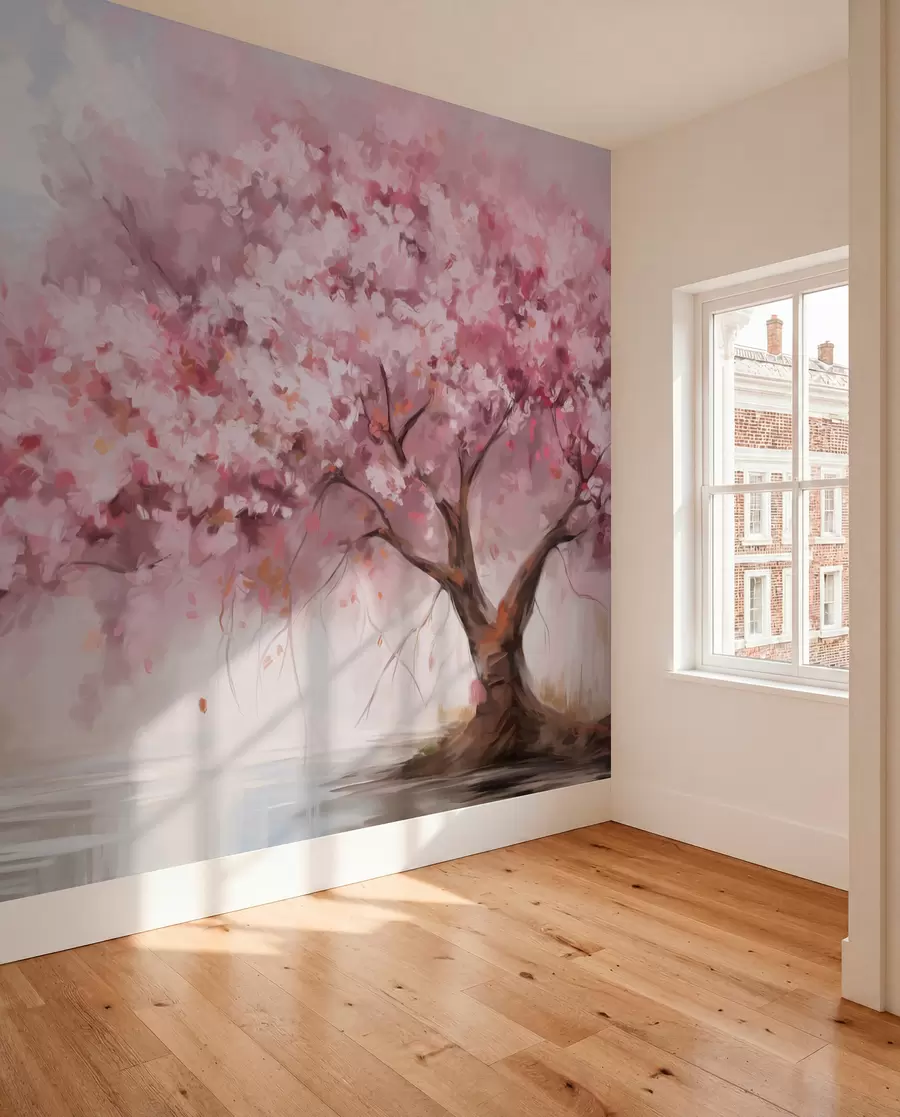 Fotobehang Abstracte roze bloesemboom in volle bloei, naast een rivier, zachte penseelstreken en pastelkleuren w09193