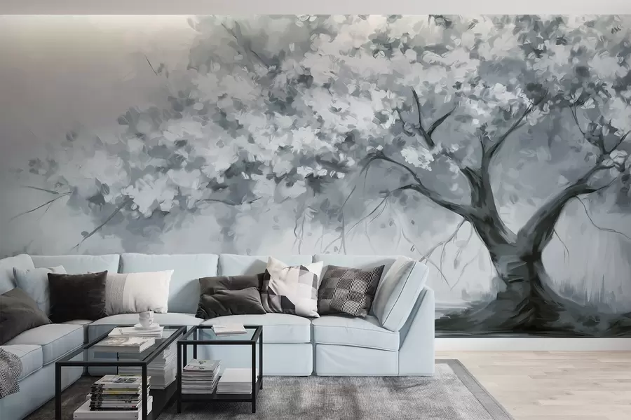 Fotobehang Abstracte blauwe bloesemboom in volle bloei, naast een rivier, zachte penseelstreken en pastelkleuren w09193v2