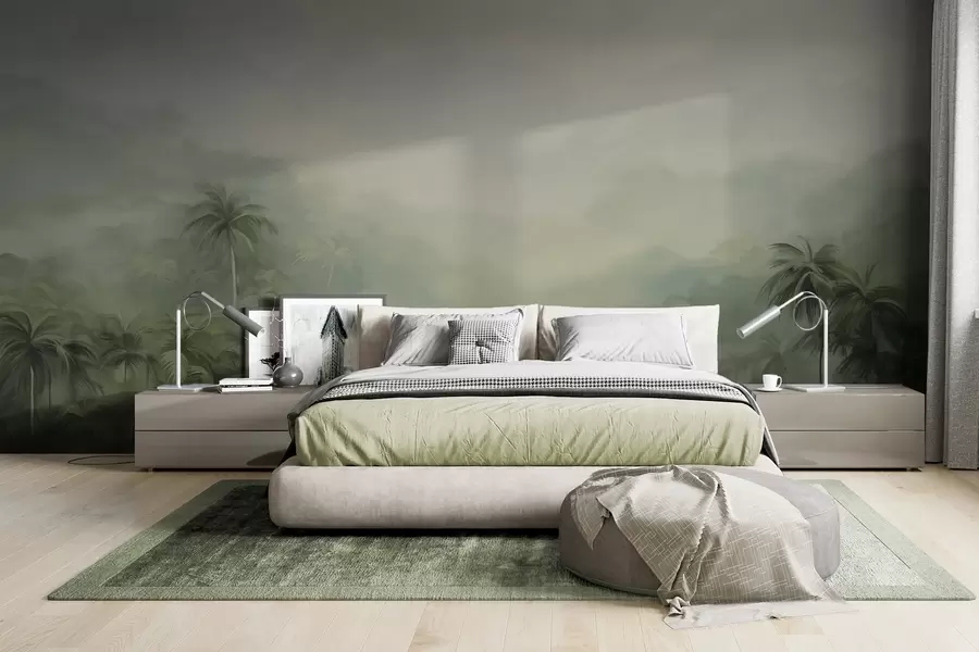 Fotobehang Gungle landschap met weelderige groene palmbomen en glooiende heuvels, zachte pastelkleuren, structuurschilderij imitatie w09194