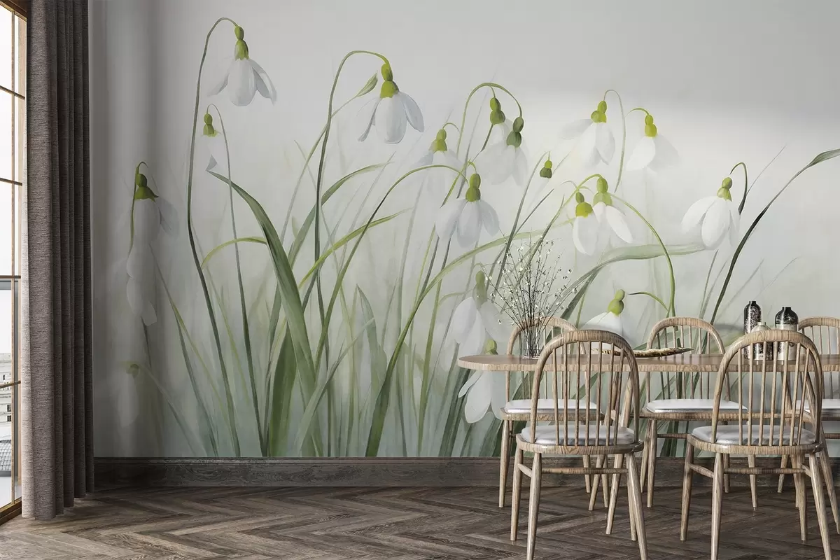 Fotobehang Sneeuwklokje bloemen met groene structuur stengels en bladeren, aquarel lente stijl, fijne penseelstreken w09195